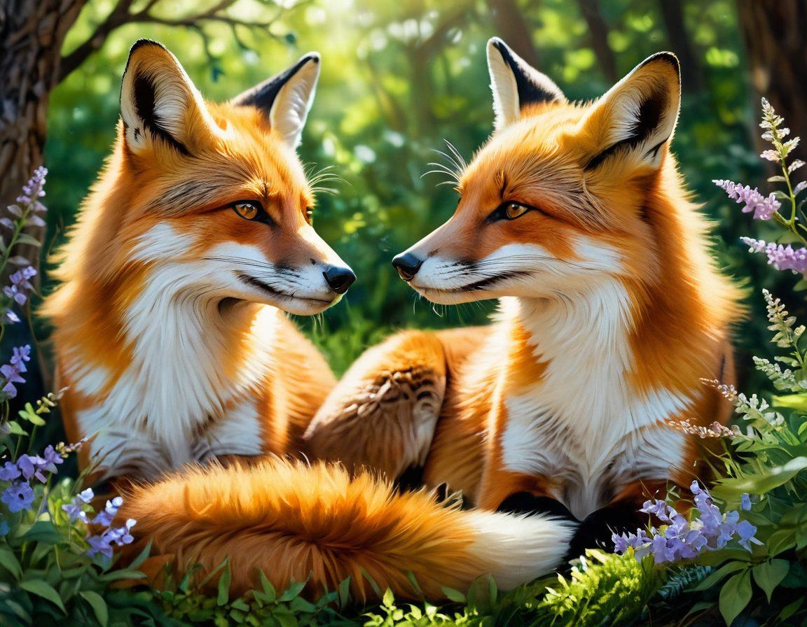 A serene forest scene depicting a pair of foxes in a tender moment, surrounded by lush greenery and dappled sunlight filtering through the leaves. The foxes should be shown playfully nuzzling each other, embodying devotion and affection, with a vibrant background teeming with wildflowers. Add a soft focus effect to enhance the warmth of the scene. vibrant colors. painting.