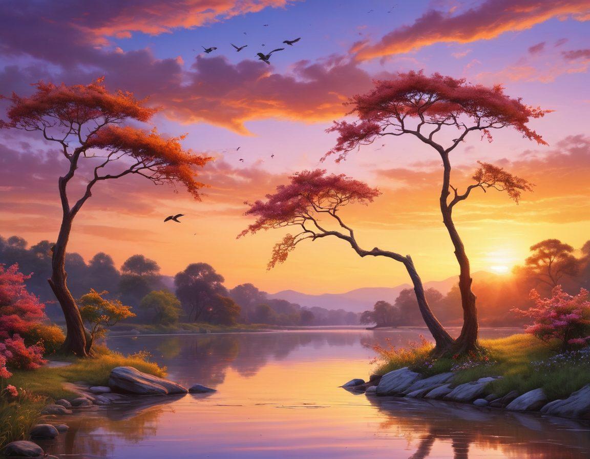 A serene landscape featuring two intertwined trees symbolizing eternal love, with delicate floral elements representing loyalty. In the background, a tranquil river flows peacefully, reflecting a vibrant sunset sky filled with warm hues. Two birds perched on a branch above the trees, singing in harmony, embodying the essence of companionship. This enchanting scene radiates warmth and tranquility, inviting viewers to ponder the beauty of love in nature. super-realistic. vibrant colors. soothing background.