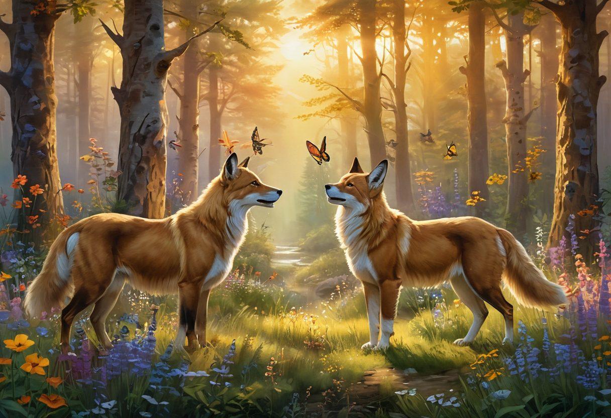 A serene forest scene, showcasing two playful animal spirits embodying romance and loyalty, intertwined in a dance among vibrant wildflowers. A warm, golden sunset casts soft light through the trees, highlighting the connection between nature and love. Add whimsical elements like fluttering butterflies and gentle streams to evoke a sense of magic and harmony. super-realistic. vibrant colors. 3D.